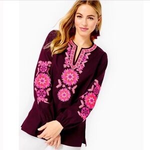 Lilly Pulitzer Corretta Tunic Cherry Ganache Cotton Embroidered Top!  Medium!